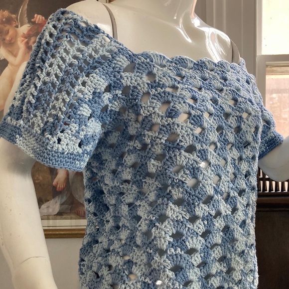 HANDMADE knit crochet top in shades of blue - Picture 5 of 8